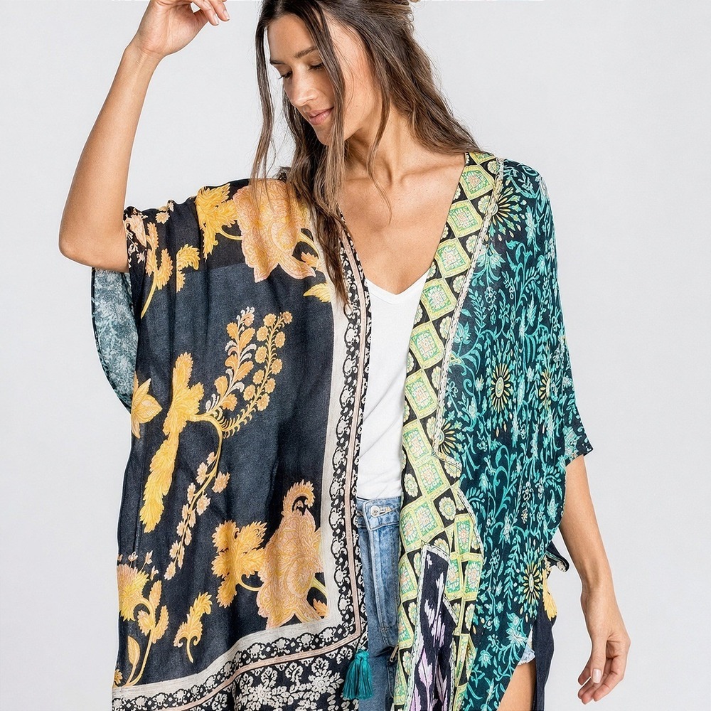 Lovestitch bohemian lounge duster robe kemono black colorful & floral print